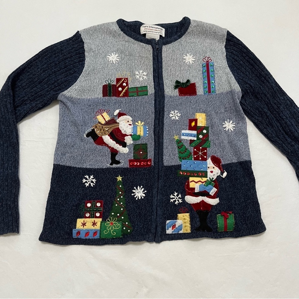 Tiara International Christmas Sweater Zip Up Ugly Sweater Santa